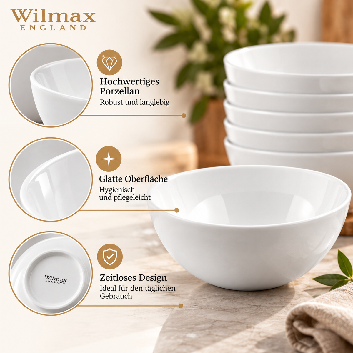 Wilmax Schale 14 cm 600 ml 6er-Set Weiß Porzellan – Anwendungs- oder Detailansicht; Lieferumfang: 6 Stück