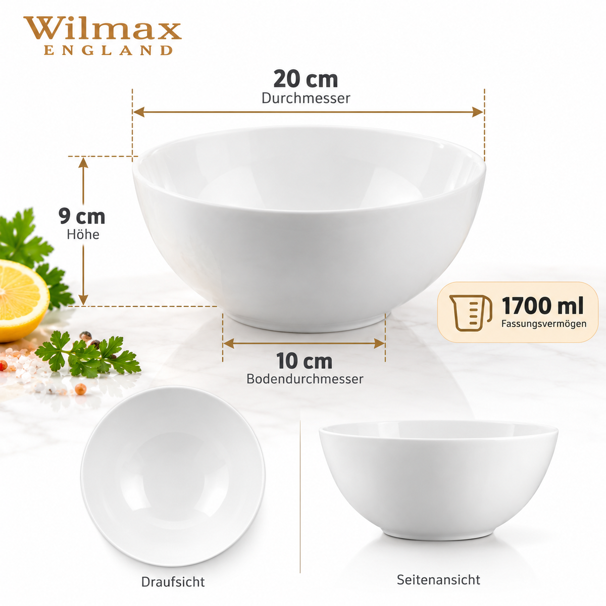 Wilmax Schale 20 cm 1700 ml 2er-Set Weiß Porzellan – Anwendungs- oder Detailansicht; Lieferumfang: 2 Stück