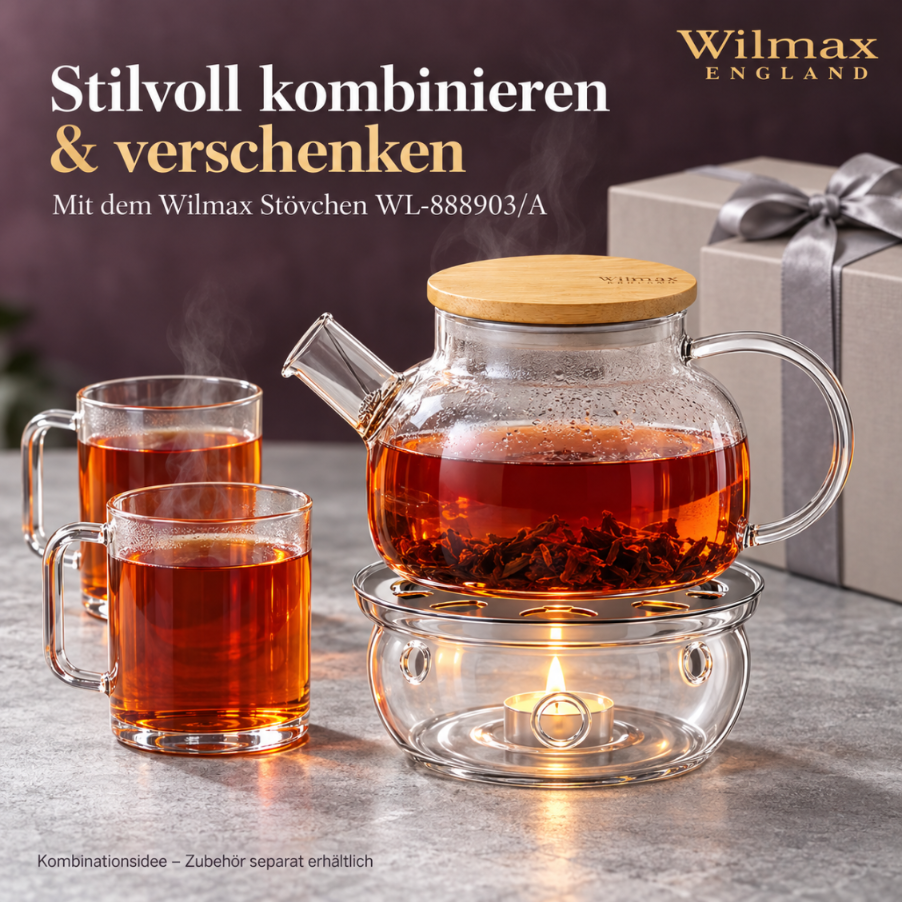 Wilmax Teekanne 950 ml mit Federfilter und Bambusdeckel Transparent Thermoglas – Anwendungs- oder Detailansicht; Lieferumfang: 1 Stück