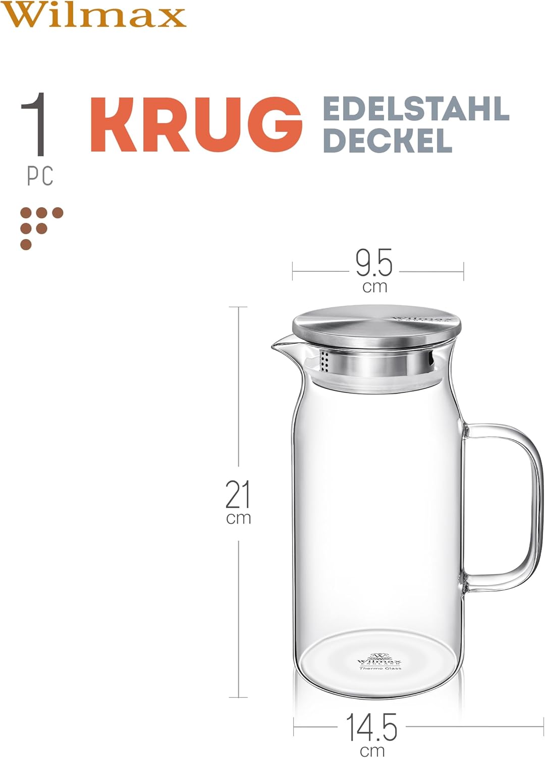Wilmax Krug 1000 ml mit Edelstahldeckel Transparent Thermoglas – Anwendungs- oder Detailansicht; Lieferumfang: 1 Stück