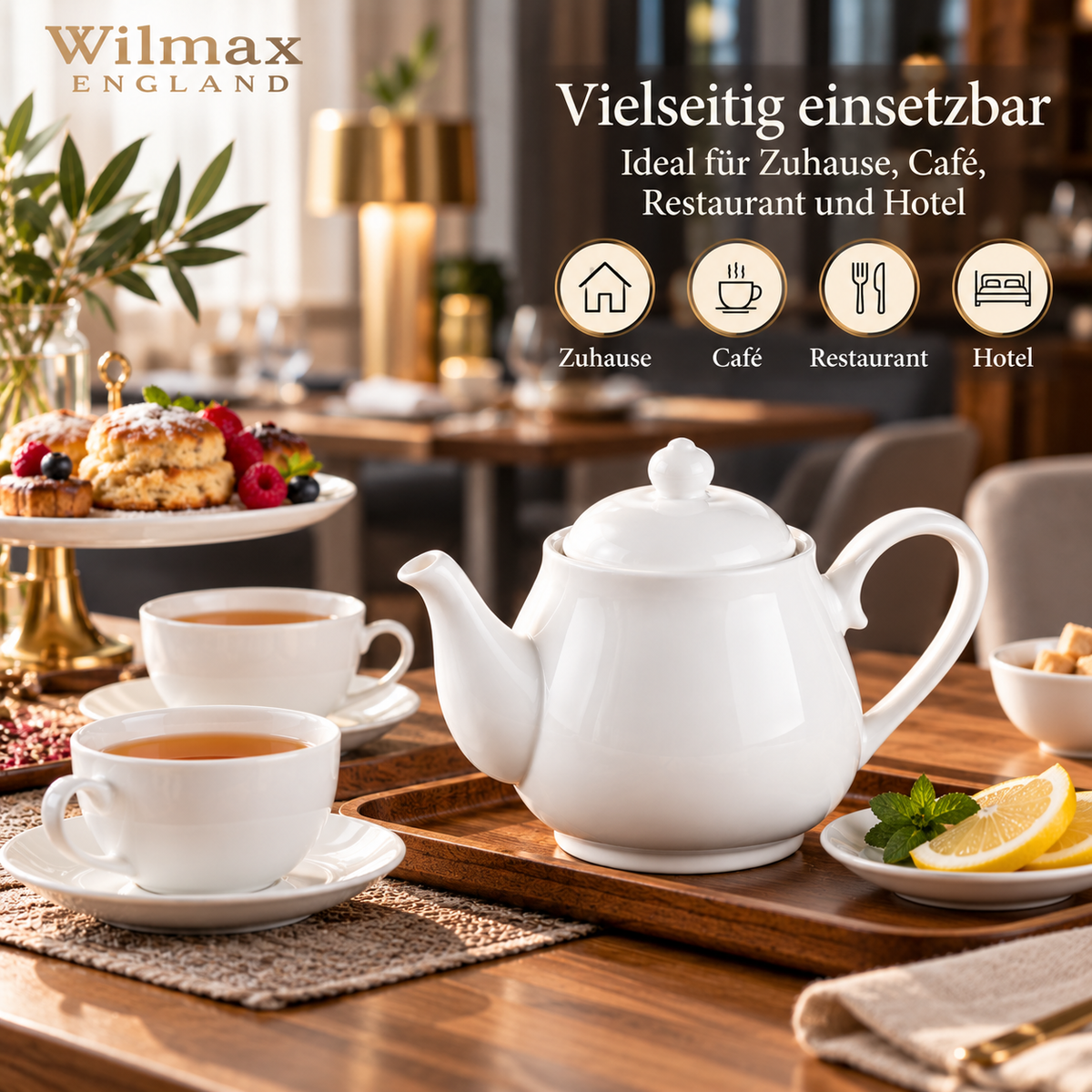 Wilmax Kaffee- und Teekanne mit Ausgusssieb 850 ml Weiß Porzellan – Anwendungs- oder Detailansicht; Lieferumfang: 1 Stück