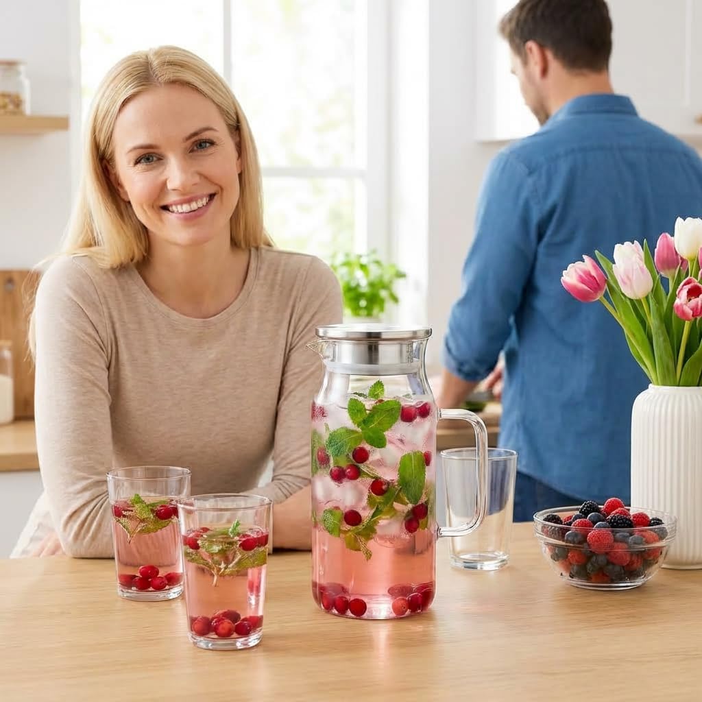 Wilmax Krug 1000 ml mit Edelstahldeckel Transparent Thermoglas – Anwendungs- oder Detailansicht; Lieferumfang: 1 Stück