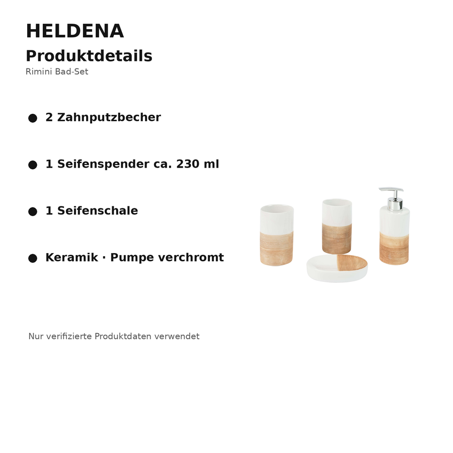 HELDENA Rimini Bad-Set – Detailgrafik mit Produktmerkmalen aus Keramik