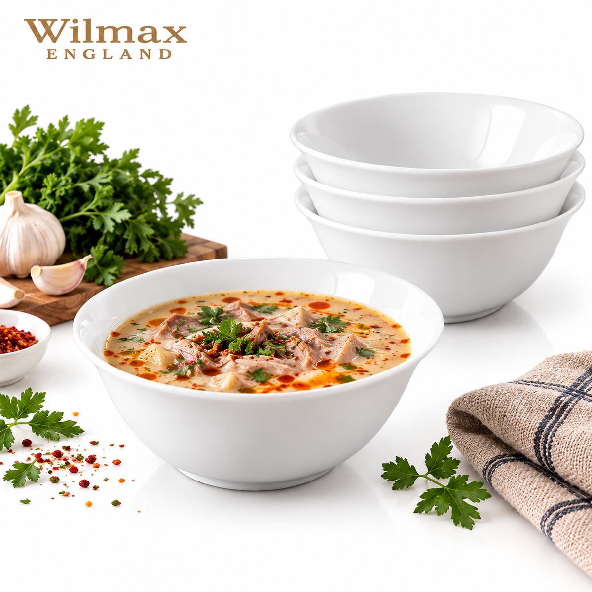 Wilmax Schale 700 ml 15 cm 4er-Set Weiß Porzellan – Produktansicht; Lieferumfang: 4 Stück