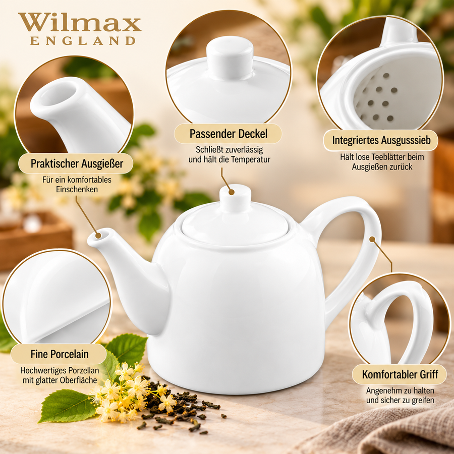 Wilmax Kaffee- und Teekanne mit Ausgusssieb 900 ml Weiß Porzellan – Anwendungs- oder Detailansicht; Lieferumfang: 1 Stück