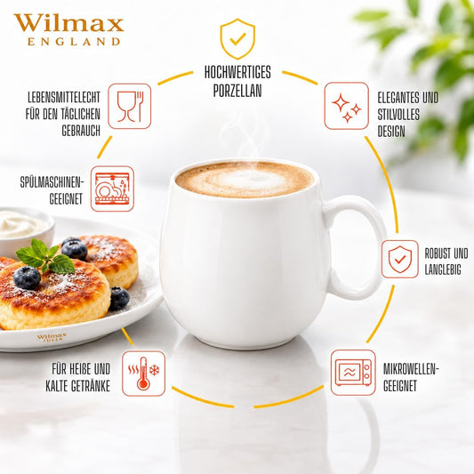 Wilmax Tasse 400 ml 4er-Set Weiß Porzellan – Anwendungs- oder Detailansicht; Lieferumfang: 4 Stück