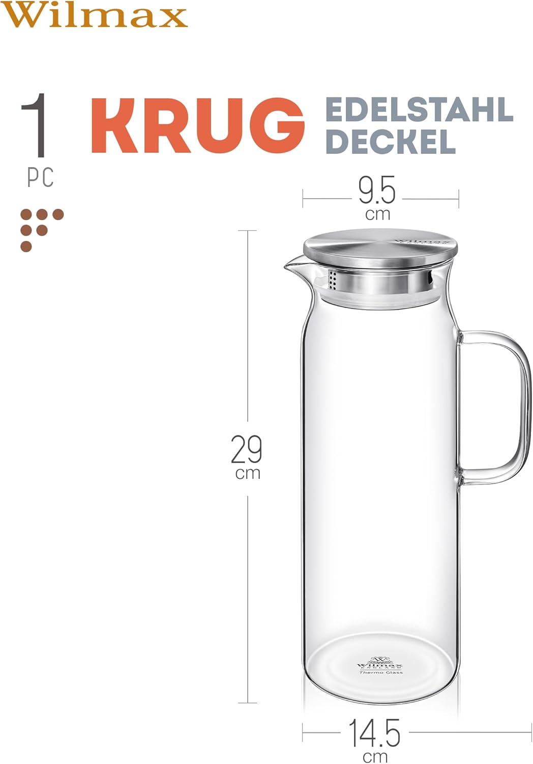 Wilmax Krug 1500 ml mit Edelstahldeckel und Filter Transparent Thermoglas – Anwendungs- oder Detailansicht; Lieferumfang: 1 Stück