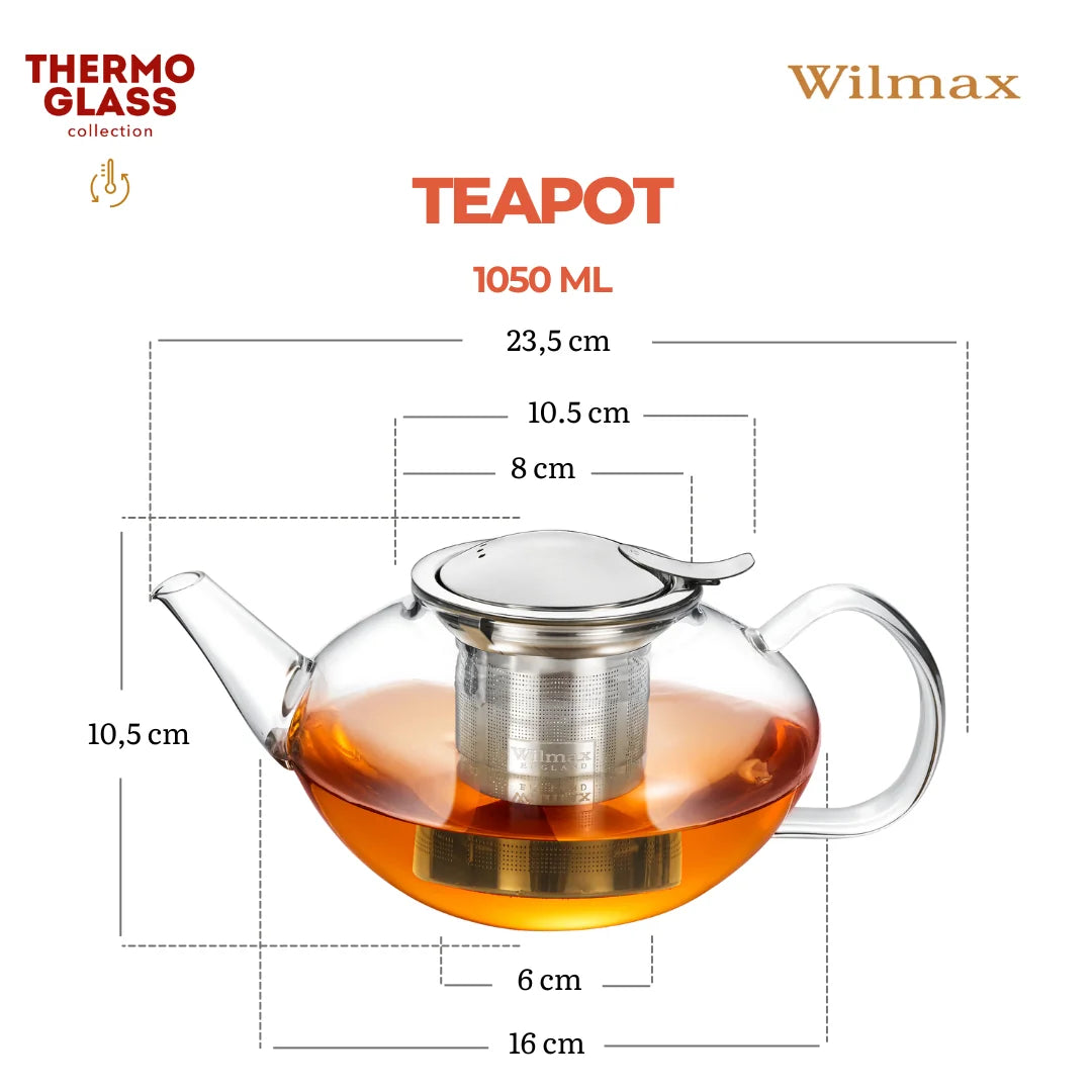 Wilmax Teekanne 1050 ml mit Edelstahlfilter Transparent Thermoglas – Anwendungs- oder Detailansicht; Lieferumfang: 1 Stück