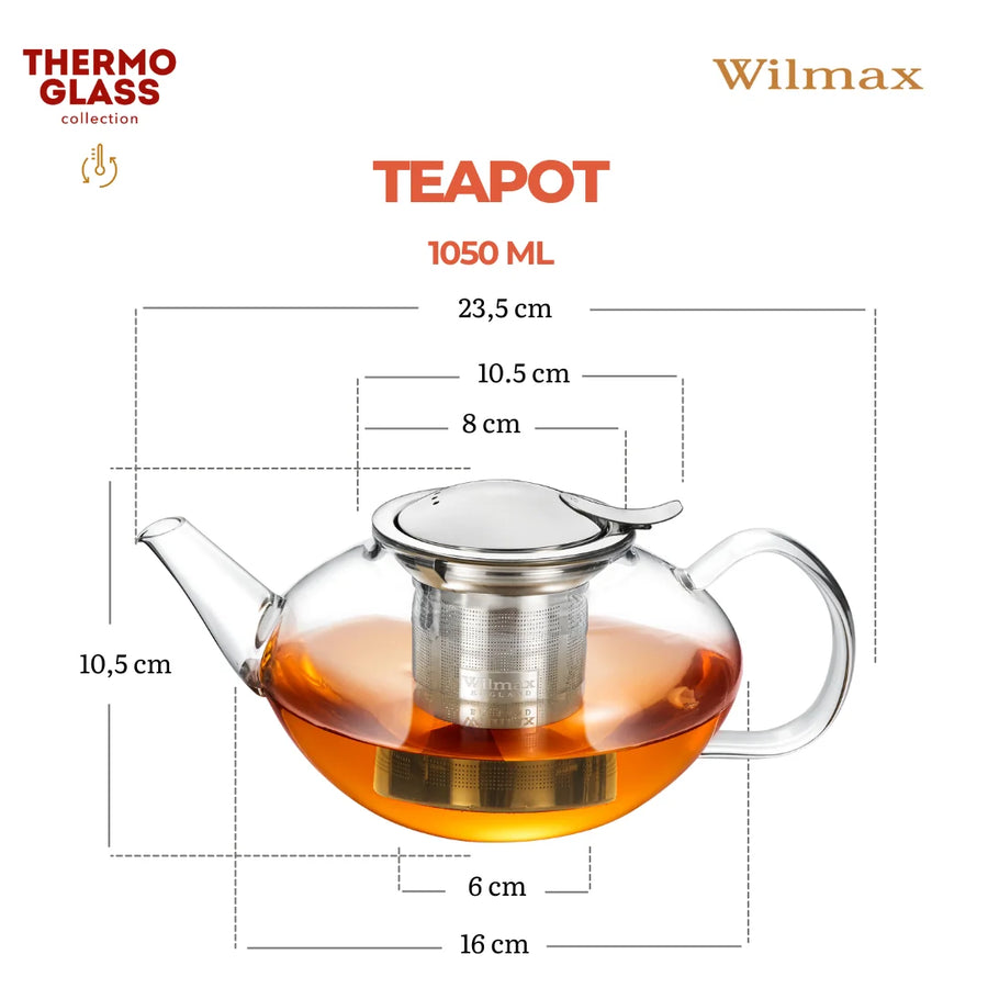 Wilmax Teekanne 1050 ml mit Edelstahlfilter Transparent Thermoglas – Anwendungs- oder Detailansicht; Lieferumfang: 1 Stück