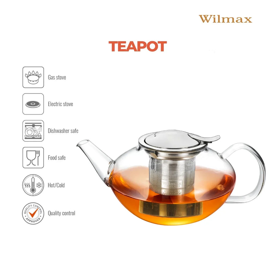 Wilmax Teekanne 1050 ml mit Edelstahlfilter Transparent Thermoglas – Anwendungs- oder Detailansicht; Lieferumfang: 1 Stück