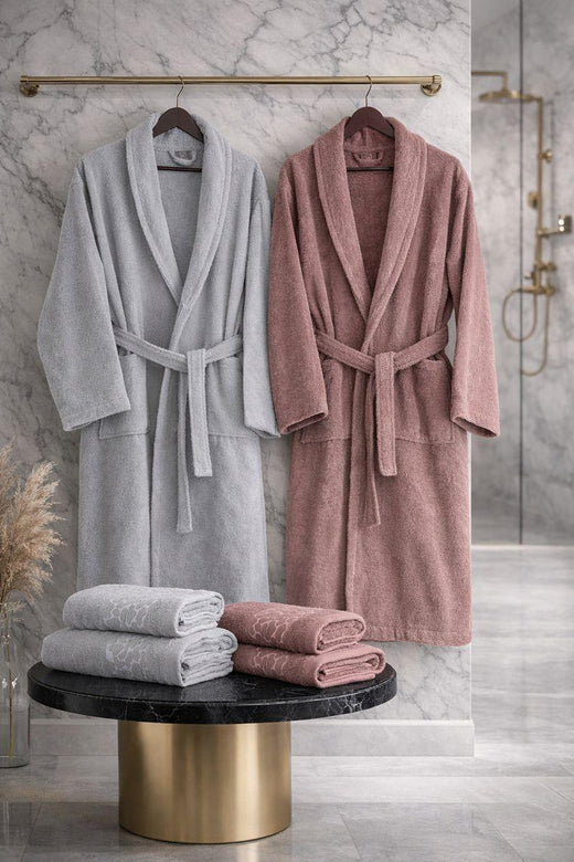 HELDENA Premium Bademantel & Handtuch Set Grau-Puder 6-teilig Baumwolle Jacquard