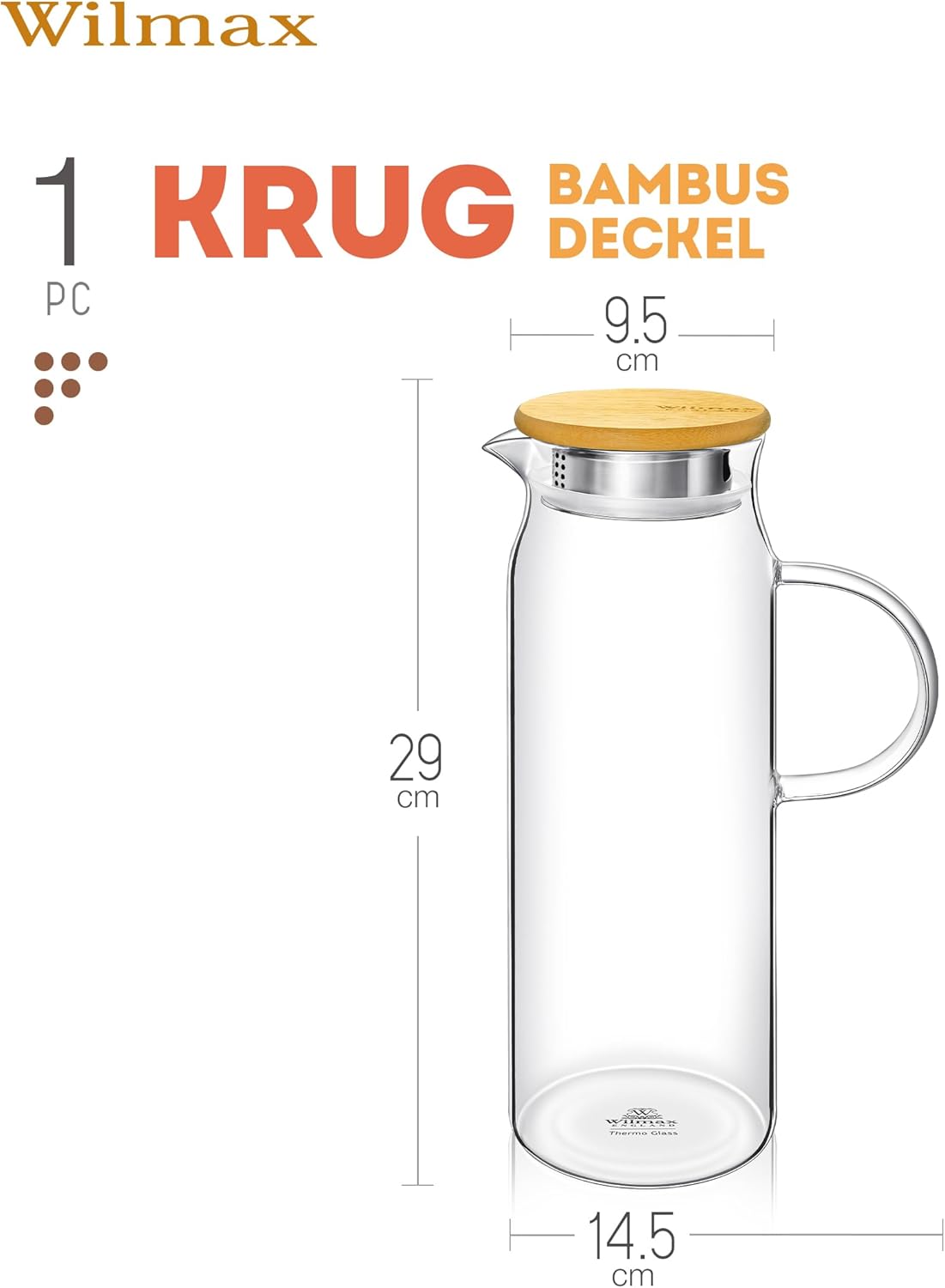 Wilmax Krug 1500 ml mit Bambusdeckel Transparent Thermoglas – Anwendungs- oder Detailansicht; Lieferumfang: 1 Stück