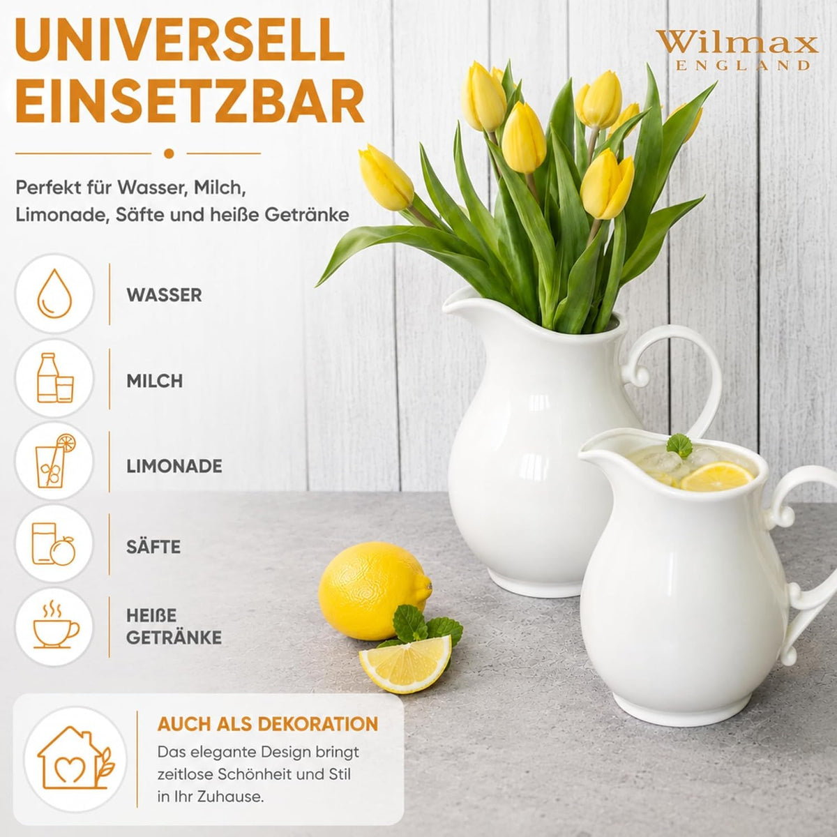 Wilmax Krug 1600 ml Weiß Porzellan – Anwendungs- oder Detailansicht; Lieferumfang: 1 Stück
