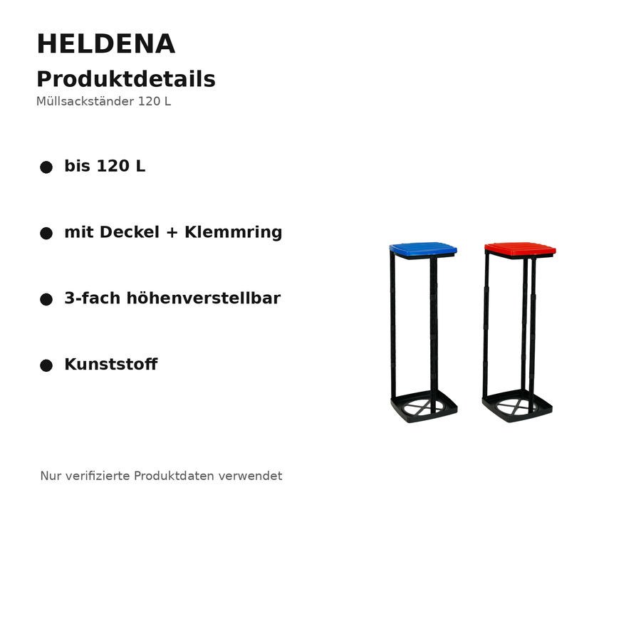 HELDENA Müllsackständer 120 L – Detailgrafik mit Produktmerkmalen
