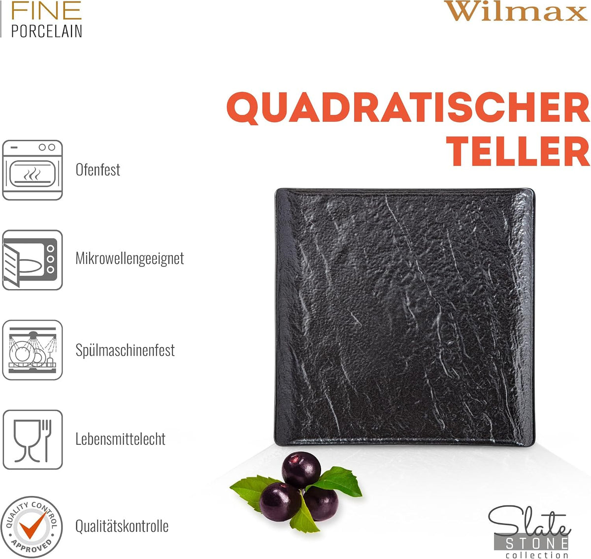 Wilmax Quadratische Servierplatte 17 × 17 cm 6er-Set Schwarz Porzellan – Anwendungs- oder Detailansicht; Lieferumfang: 6 Stück
