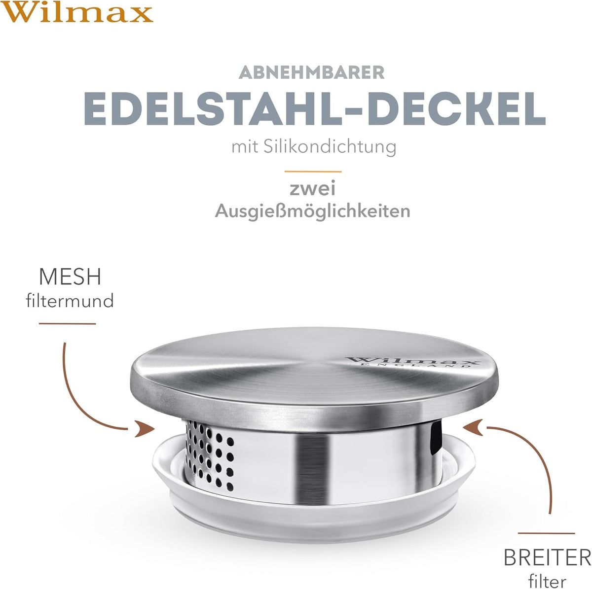 Wilmax Krug 2500 ml mit Edelstahldeckel und Filter Transparent Thermoglas – Anwendungs- oder Detailansicht; Lieferumfang: 1 Stück