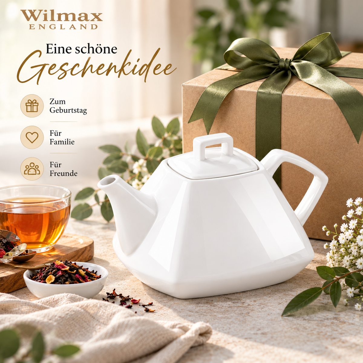 Wilmax Kaffee- und Teekanne mit Ausgusssieb 1050 ml Weiß Porzellan – Anwendungs- oder Detailansicht; Lieferumfang: 1 Stück