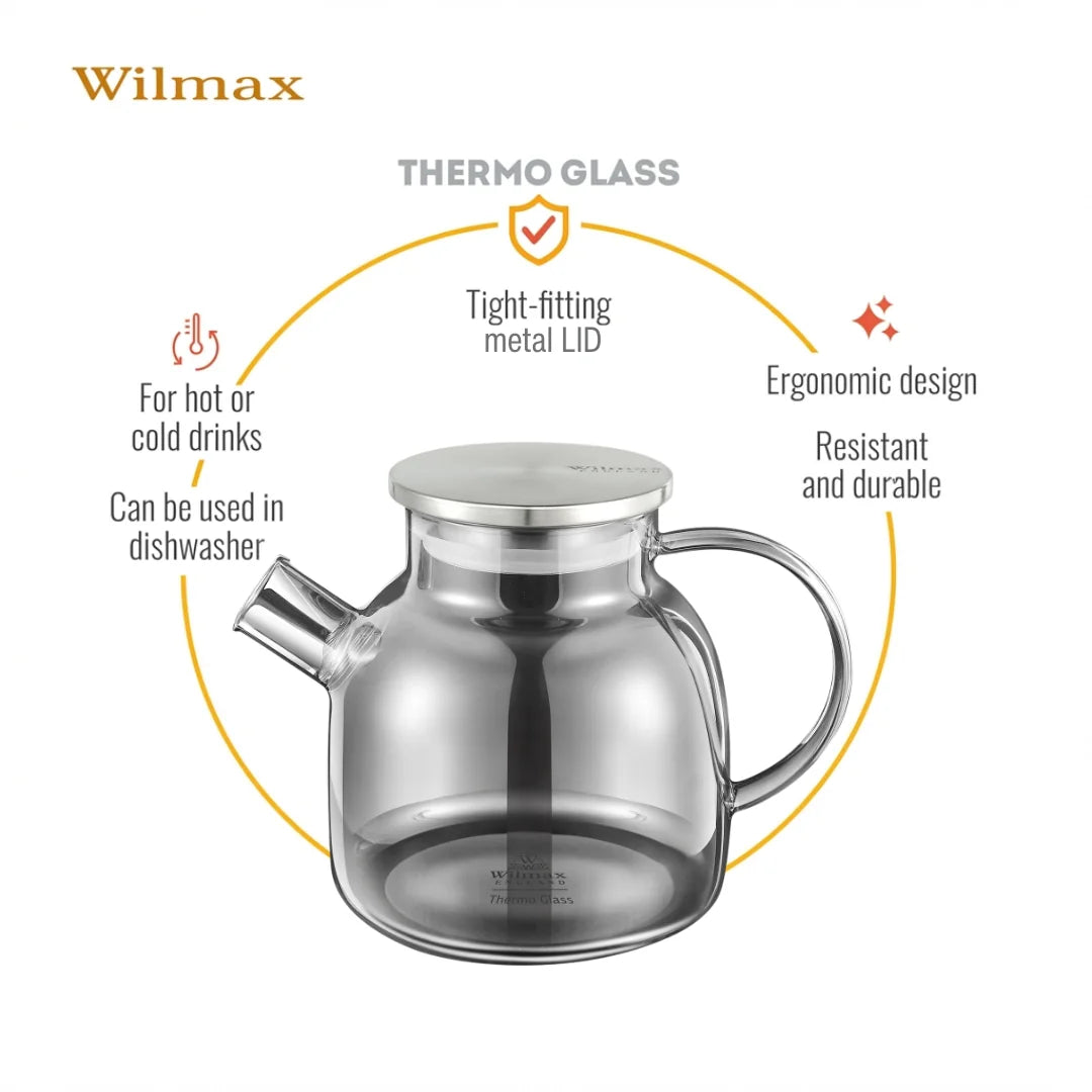 Wilmax Teekanne 1200 ml mit Federfilter und mit Edelstahldeckel Grau Thermoglas – Anwendungs- oder Detailansicht; Lieferumfang: 1 Stück