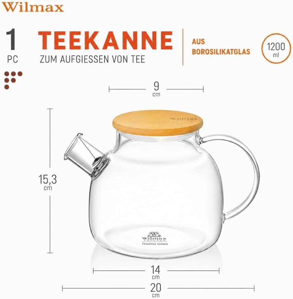 Wilmax Teekanne 1200 ml mit Bambusdeckel Transparent Thermoglas – Anwendungs- oder Detailansicht; Lieferumfang: 1 Stück