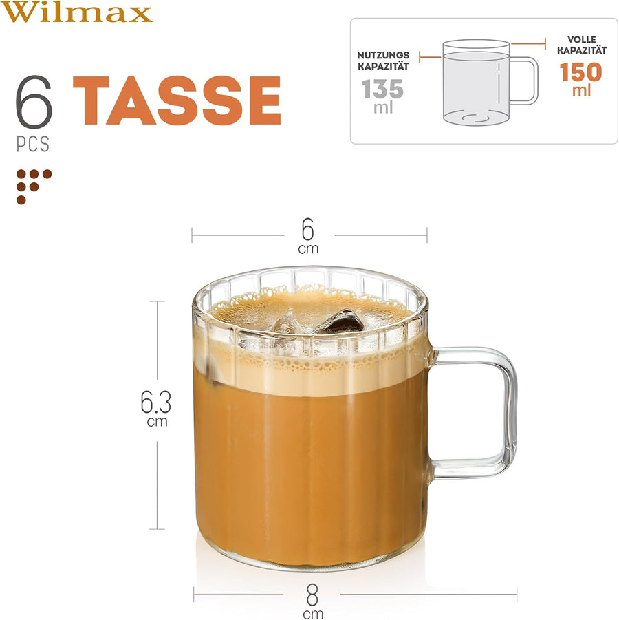 Wilmax Glasbecher mit Henkel 150 ml 6er-Set Glas – Anwendungs- oder Detailansicht; Lieferumfang: 6 Stück
