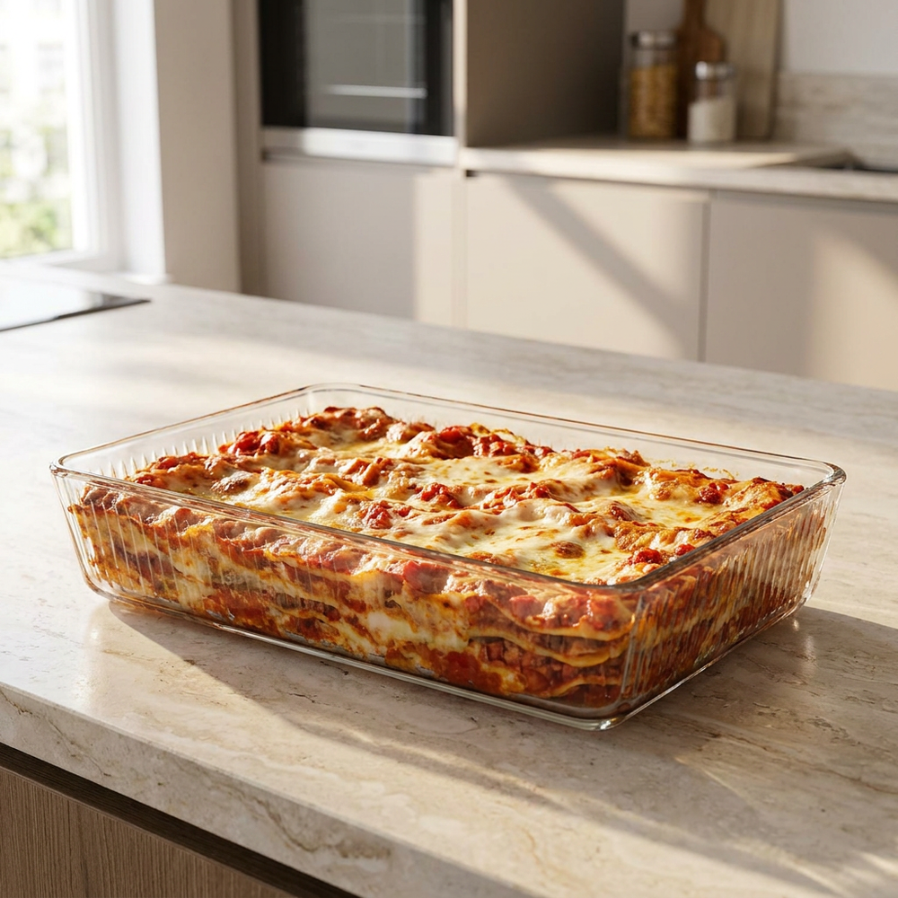 HELDENA Glas-Auflaufform 3000 ml – mit Lasagne in der Küche