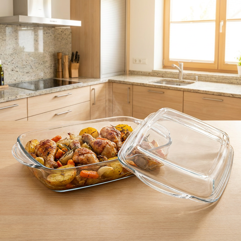 HELDENA Glas-Auflaufform 2750 ml mit Glasdeckel – mit Ofenhähnchen auf dem Tisch