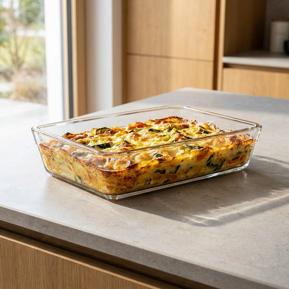 HELDENA Glas-Auflaufform 2500 ml – mit Gemüsegratin auf dem Tisch