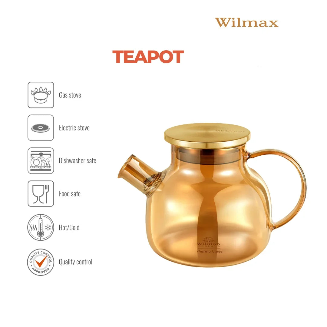 Wilmax Teekanne 950 ml mit Federfilter und mit Edelstahldeckel Gold Thermoglas – Anwendungs- oder Detailansicht; Lieferumfang: 1 Stück