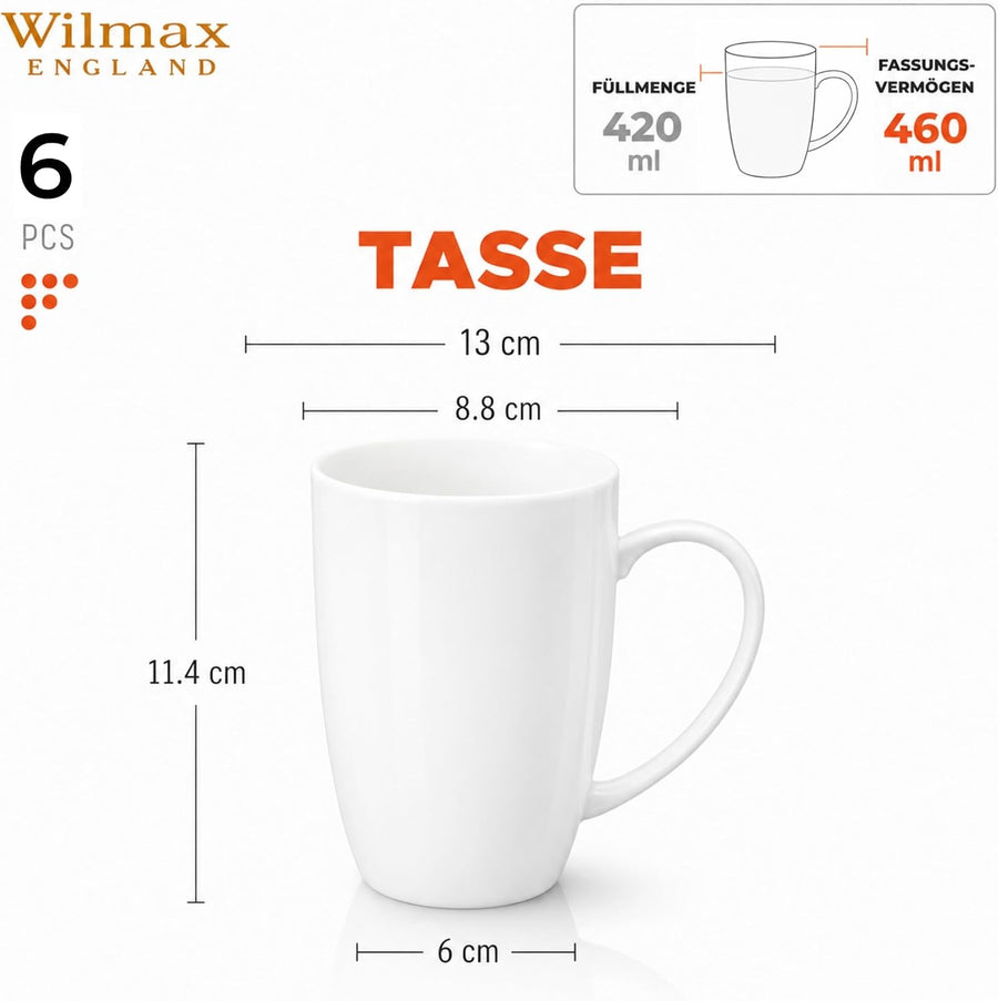 Wilmax Tasse 460 ml 6er-Set Weiß Porzellan – Anwendungs- oder Detailansicht; Lieferumfang: 6 Stück
