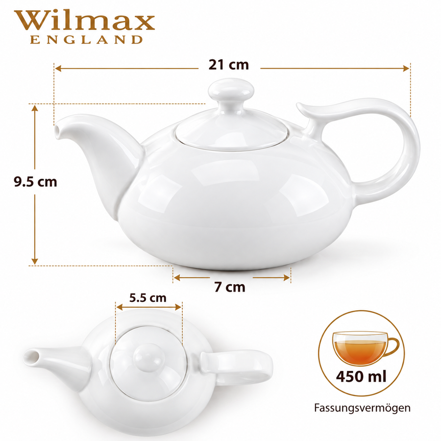 Wilmax Kaffee- und Teekanne mit Ausgusssieb 450 ml Weiß Porzellan – Anwendungs- oder Detailansicht; Lieferumfang: 1 Stück
