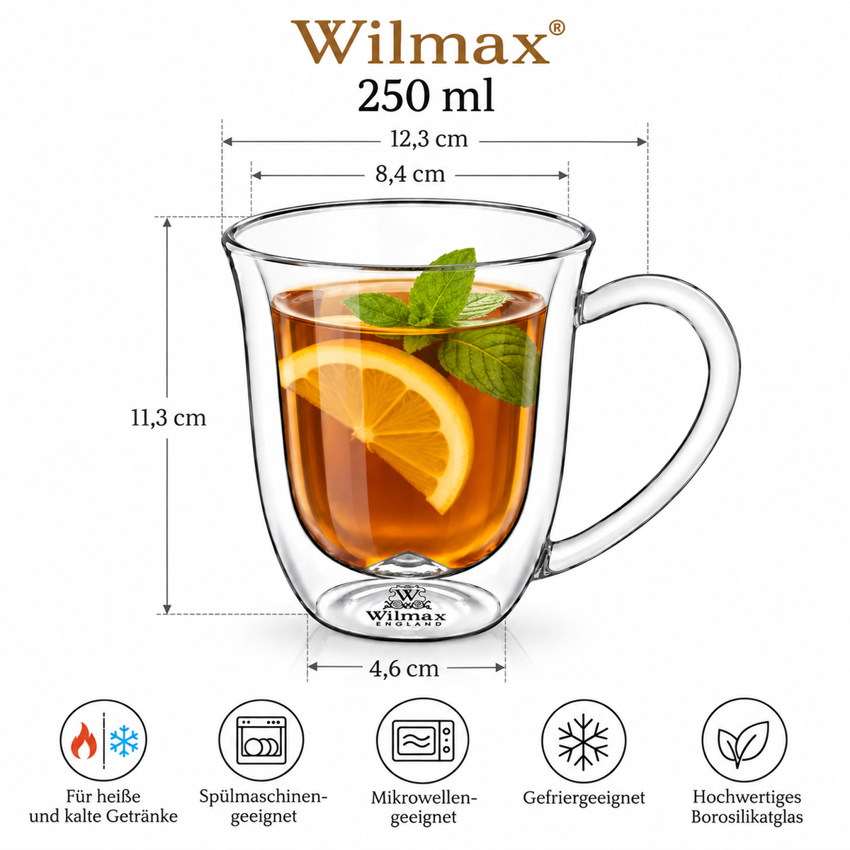 Wilmax Doppelwandige Tasse 250 ml 2er-Set Transparent – Anwendungs- oder Detailansicht; Lieferumfang: 2 Stück