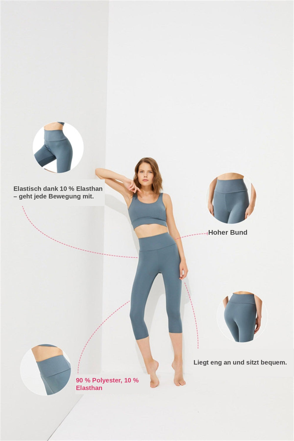 Cottonhill Capri-Leggings Graublau mit hohem Bund – Details: elastisch mit 10 % Elasthan, 90 % Polyester – Top nicht im Lieferumfang