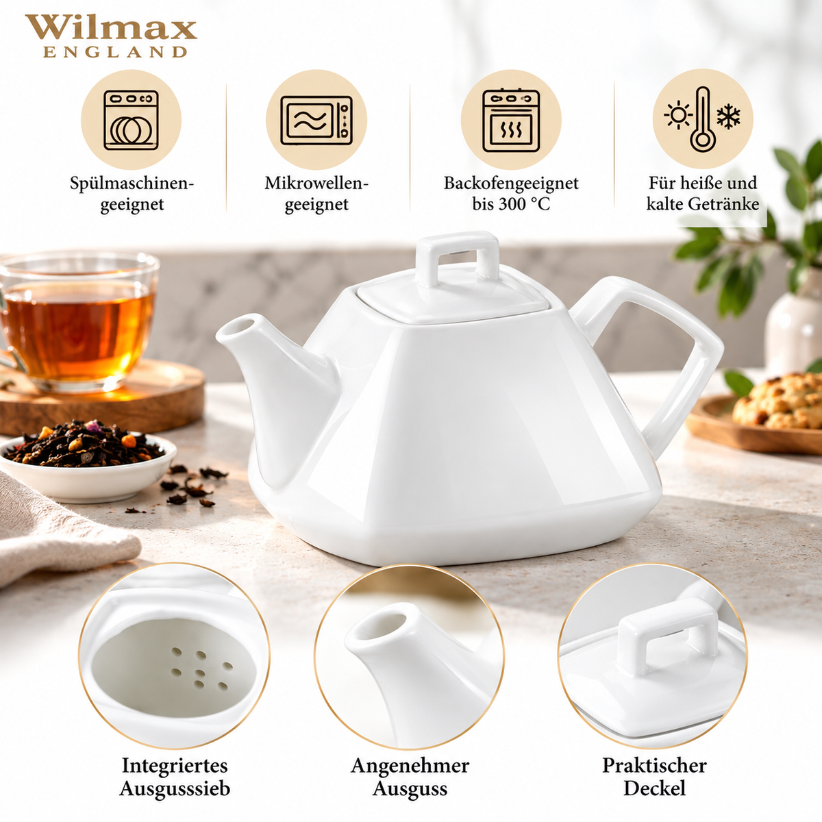 Wilmax Kaffee- und Teekanne mit Ausgusssieb 1050 ml Weiß Porzellan – Anwendungs- oder Detailansicht; Lieferumfang: 1 Stück
