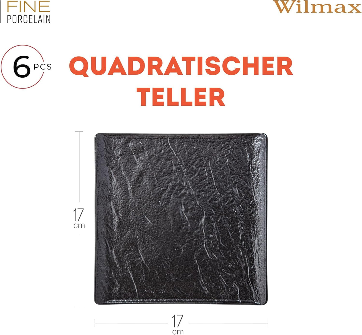 Wilmax Quadratische Servierplatte 17 × 17 cm 6er-Set Schwarz Porzellan – Anwendungs- oder Detailansicht; Lieferumfang: 6 Stück