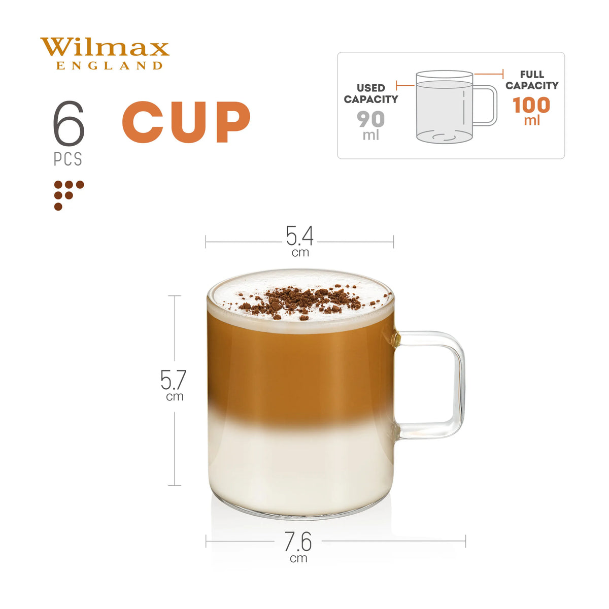 Wilmax Glastasse 100 ml 6er-Set Transparent Borosilikatglas – Anwendungs- oder Detailansicht; Lieferumfang: 6 Stück