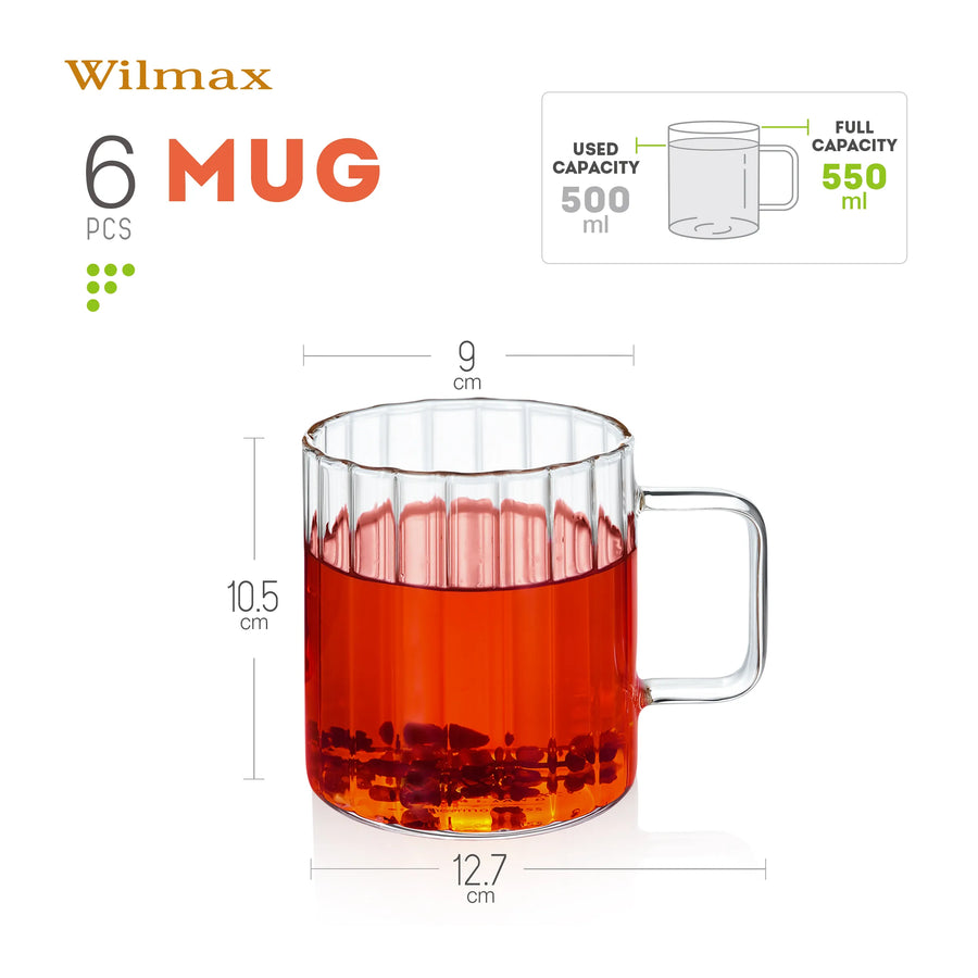 Wilmax Glasbecher mit Henkel 550 ml 6er-Set Glas – Anwendungs- oder Detailansicht; Lieferumfang: 6 Stück