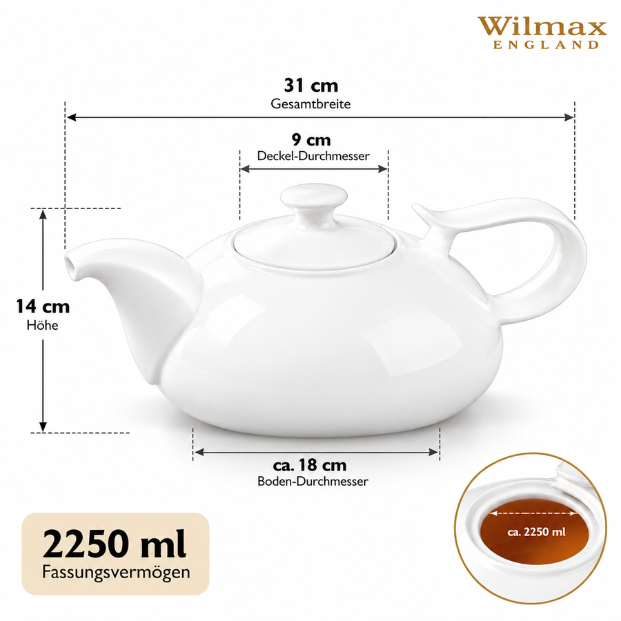 Wilmax Kaffee- und Teekanne mit Ausgusssieb 2250 ml Weiß Porzellan – Anwendungs- oder Detailansicht; Lieferumfang: 1 Stück