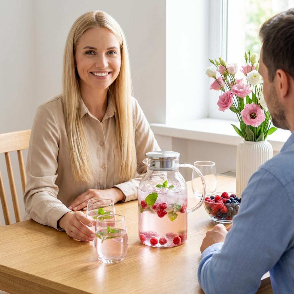 Wilmax Krug 2100 ml mit Edelstahldeckel und Filter Transparent Thermoglas – Anwendungs- oder Detailansicht; Lieferumfang: 1 Stück