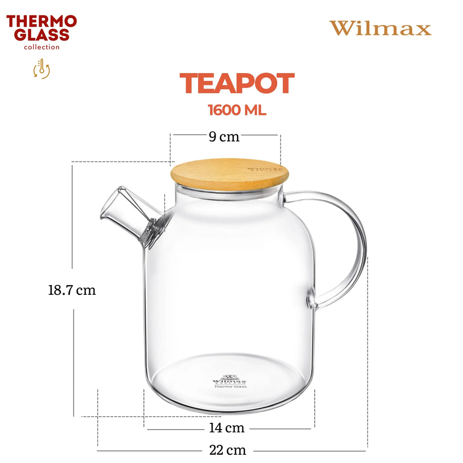 Wilmax Teekanne 1600 ml mit Federfilter und Bambusdeckel Transparent Thermoglas – Anwendungs- oder Detailansicht; Lieferumfang: 1 Stück