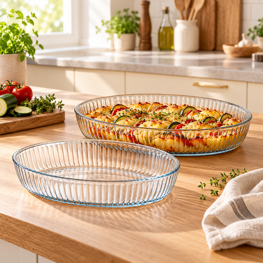 HELDENA ovale Glas-Auflaufformen 2er Set – sonnige Küchenszene mit Gemüsegratin