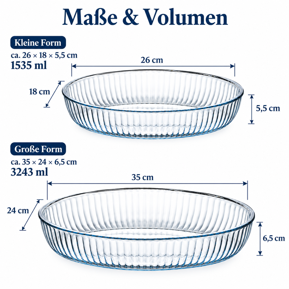 HELDENA ovale Glas-Auflaufformen 2er Set – Maße 26 × 18 × 5,5 cm und 35 × 24 × 6,5 cm