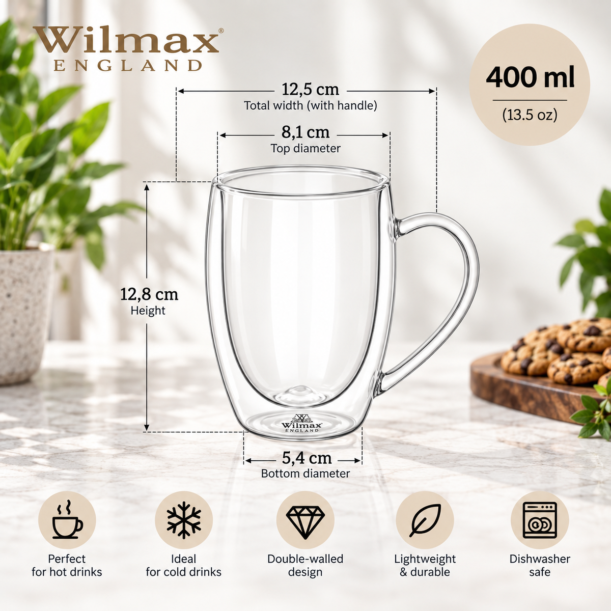 Wilmax Doppelwandiger Becher 400 ml 4er-Set Transparent – Anwendungs- oder Detailansicht; Lieferumfang: 4 Stück