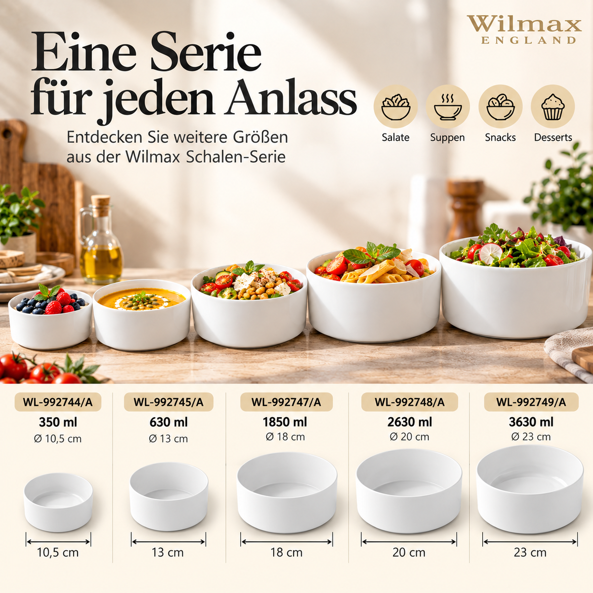 Wilmax Schale 20 cm 2630 ml Weiß Porzellan – Anwendungs- oder Detailansicht; Lieferumfang: 1 Stück