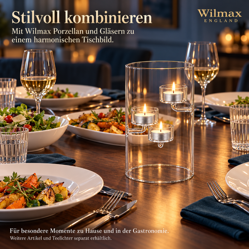 Wilmax Teelichthalter für 3 Teelichter 20 cm Transparent Glas – Anwendungs- oder Detailansicht; Lieferumfang: 1 Stück