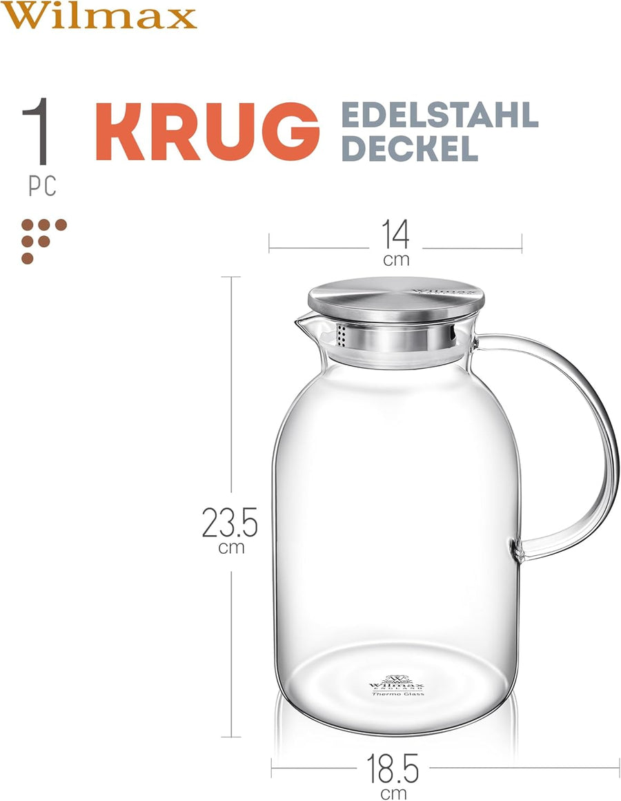 Wilmax Krug 2100 ml mit Edelstahldeckel und Filter Transparent Thermoglas – Anwendungs- oder Detailansicht; Lieferumfang: 1 Stück