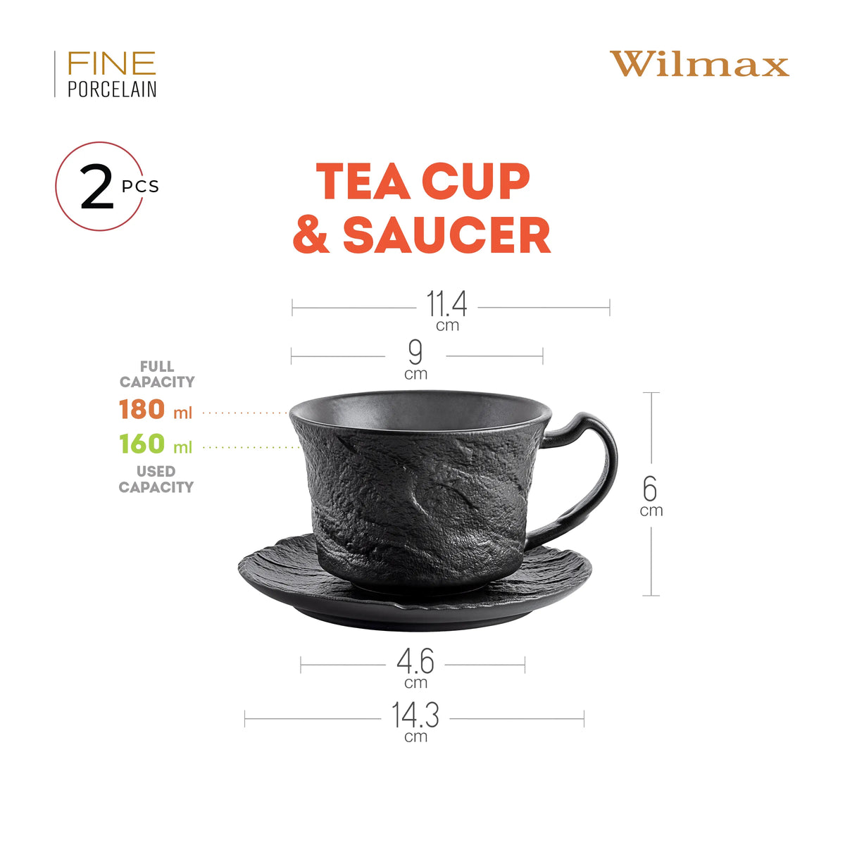 Wilmax Tasse mit Untertasse 180 ml 2er-Set Schwarz Porzellan – Anwendungs- oder Detailansicht; Lieferumfang: 2 Tassen mit 2 Untertassen