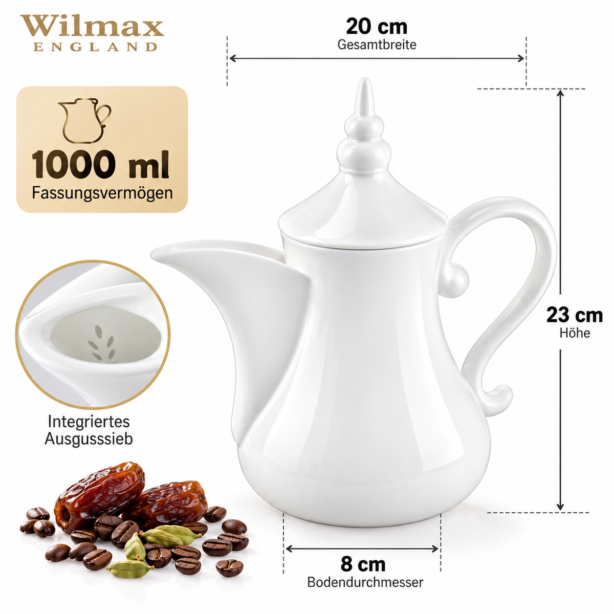 Wilmax Arabische Kaffee- und Teekanne mit Ausgusssieb 1000 ml Weiß Porzellan – Anwendungs- oder Detailansicht; Lieferumfang: 1 Stück