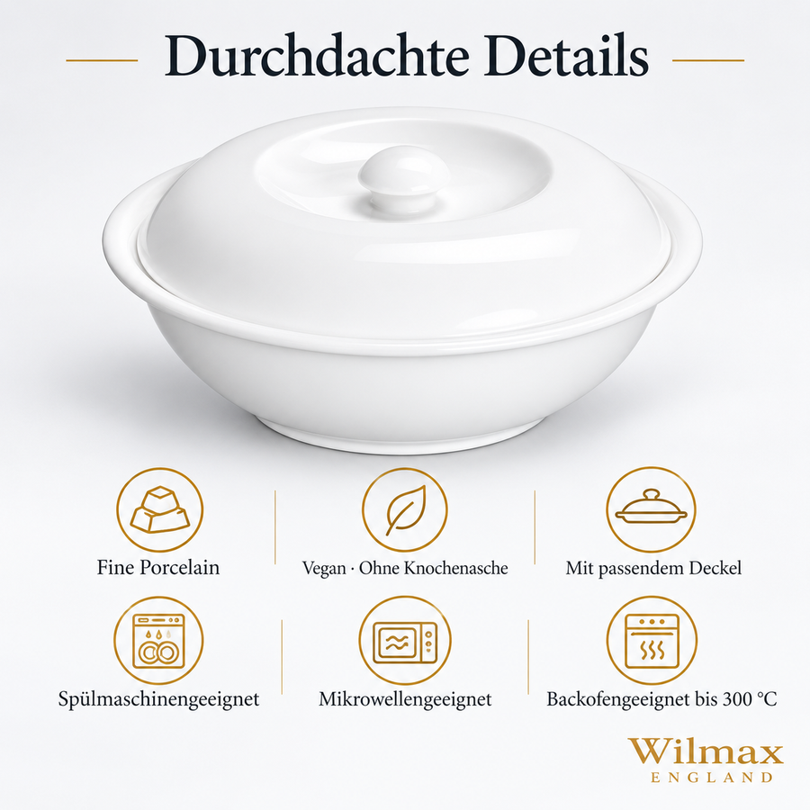 Wilmax Suppenterrine mit Deckel 1700 ml 26 cm Weiß Porzellan – Anwendungs- oder Detailansicht; Lieferumfang: 1 Stück