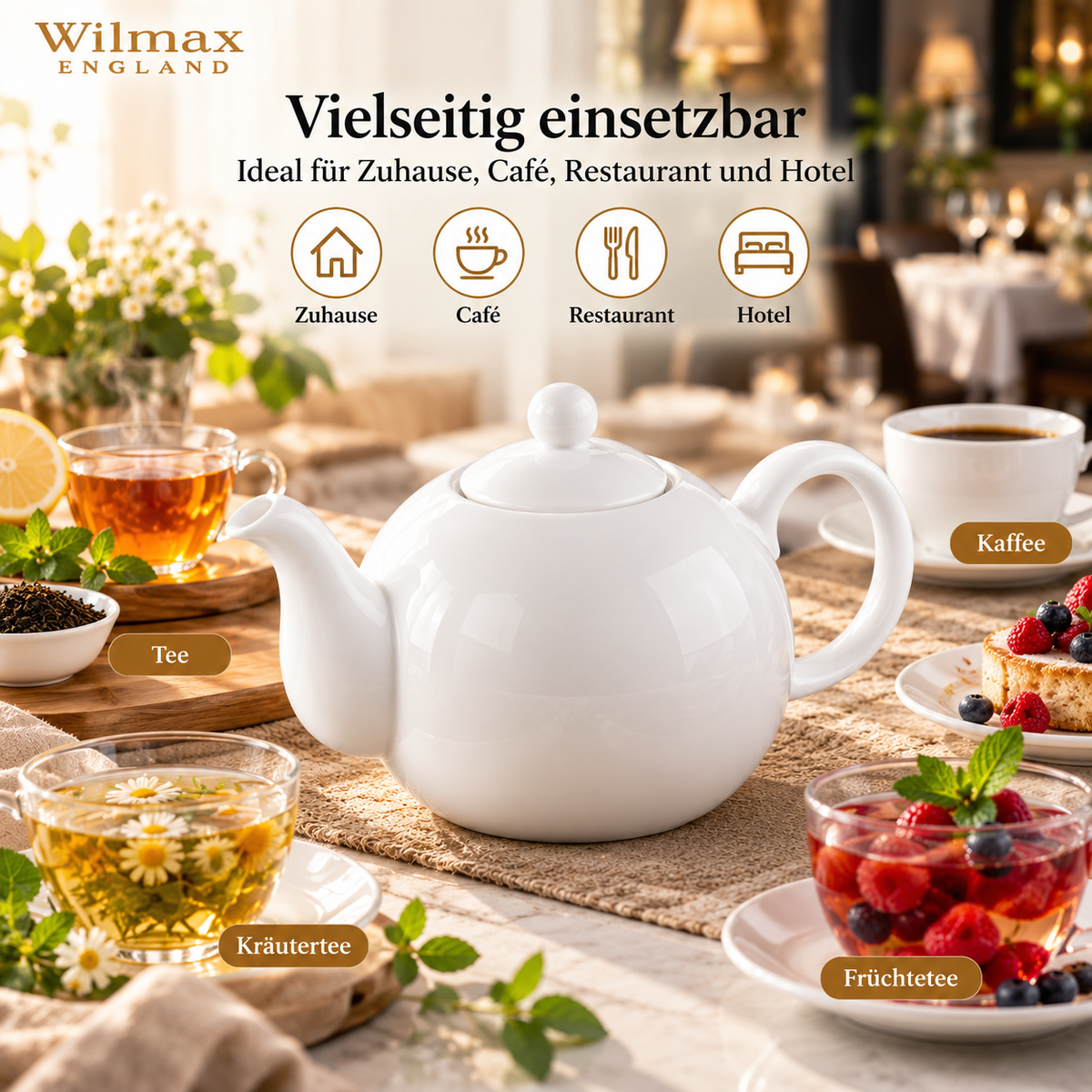Wilmax Kaffee- und Teekanne mit Ausgusssieb 2150 ml Weiß Porzellan – Anwendungs- oder Detailansicht; Lieferumfang: 1 Stück