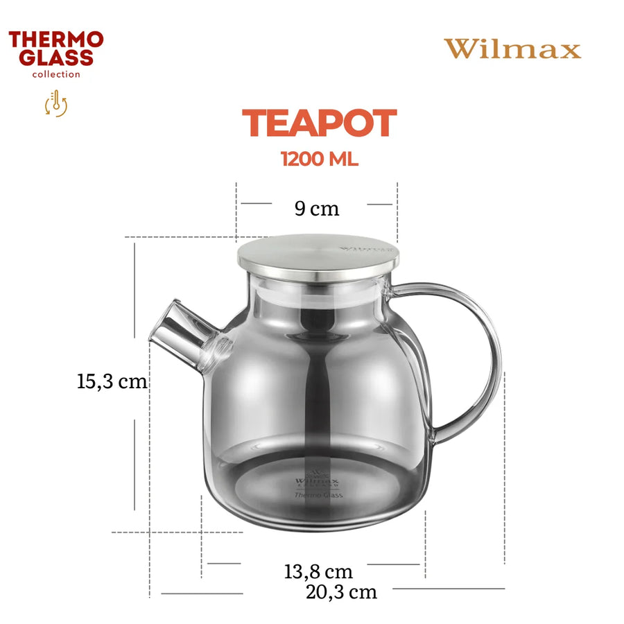 Wilmax Teekanne 1200 ml mit Federfilter und mit Edelstahldeckel Grau Thermoglas – Anwendungs- oder Detailansicht; Lieferumfang: 1 Stück